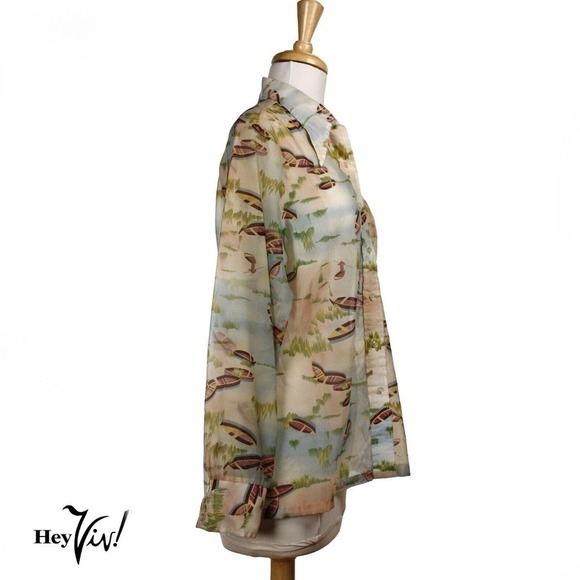 Vintage 70s ShirtStop Button Up Blouse Semi Sheer Pointy Collar 15/16 - Hey Viv - Picture 2 of 7